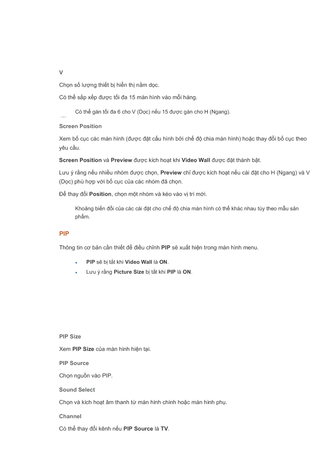 Samsung LH46OLBPPGC/EN manual Screen Position, PIP Size, PIP Source, Sound Select, Channel 