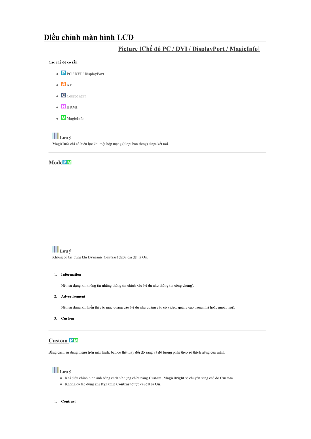 Samsung LH46OLBPPGC/EN manual Picture Chế độ PC / DVI / DisplayPort / MagicInfo, Mode, Custom 