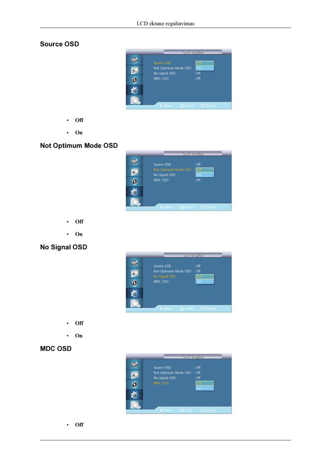 Samsung LH46OLBPPGC/EN manual Source OSD, Not Optimum Mode OSD, No Signal OSD 