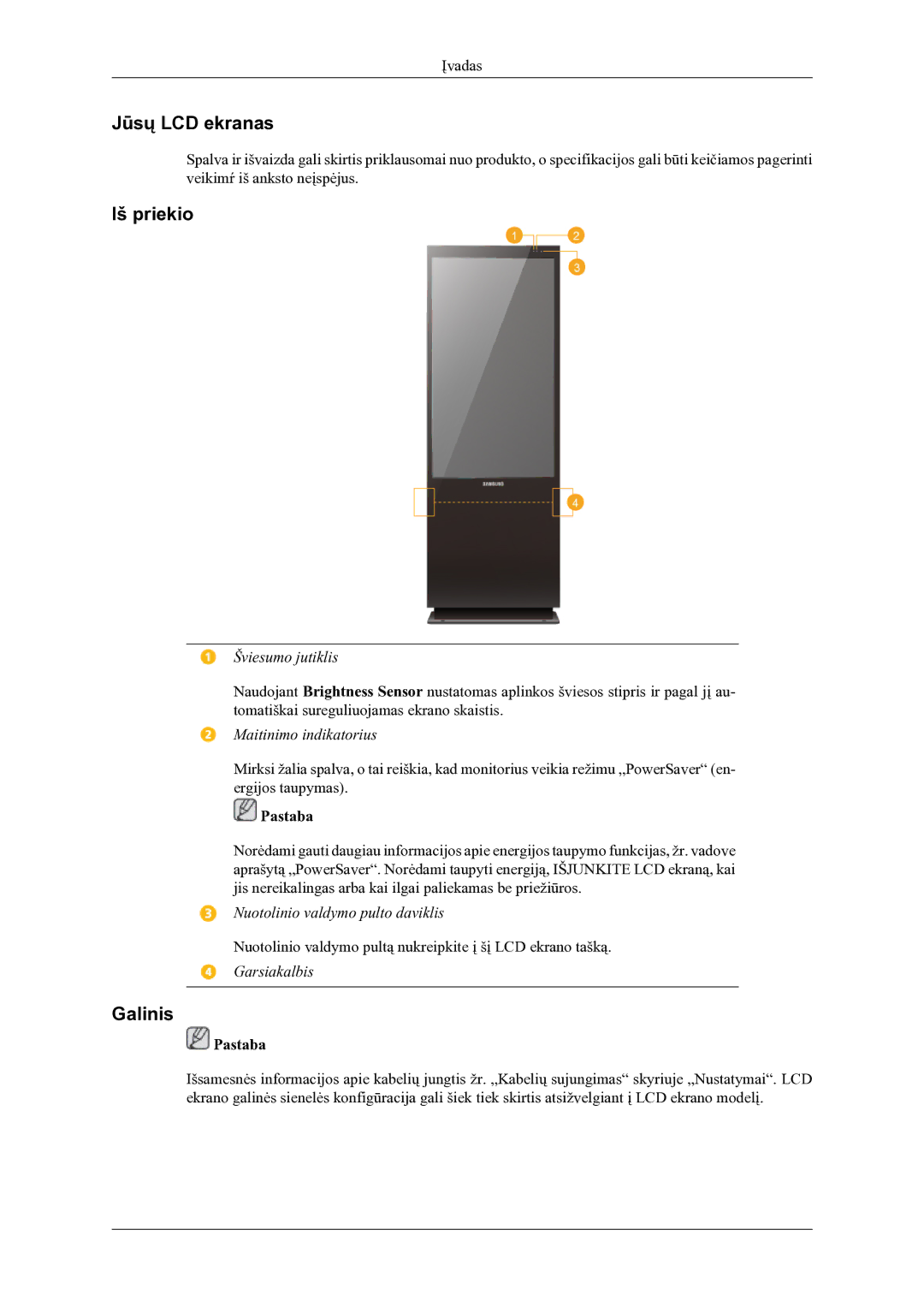 Samsung LH46OLBPPGC/EN manual Jūsų LCD ekranas, Iš priekio, Galinis 