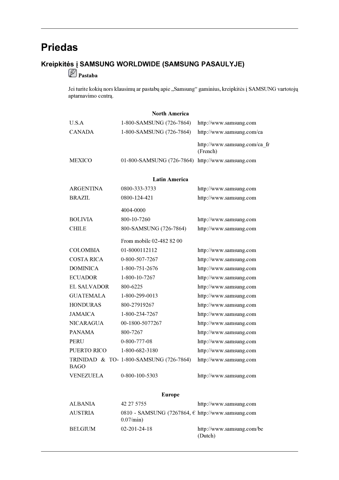 Samsung LH46OLBPPGC/EN manual Kreipkitės į Samsung Worldwide Samsung Pasaulyje, North America, Latin America, Europe 