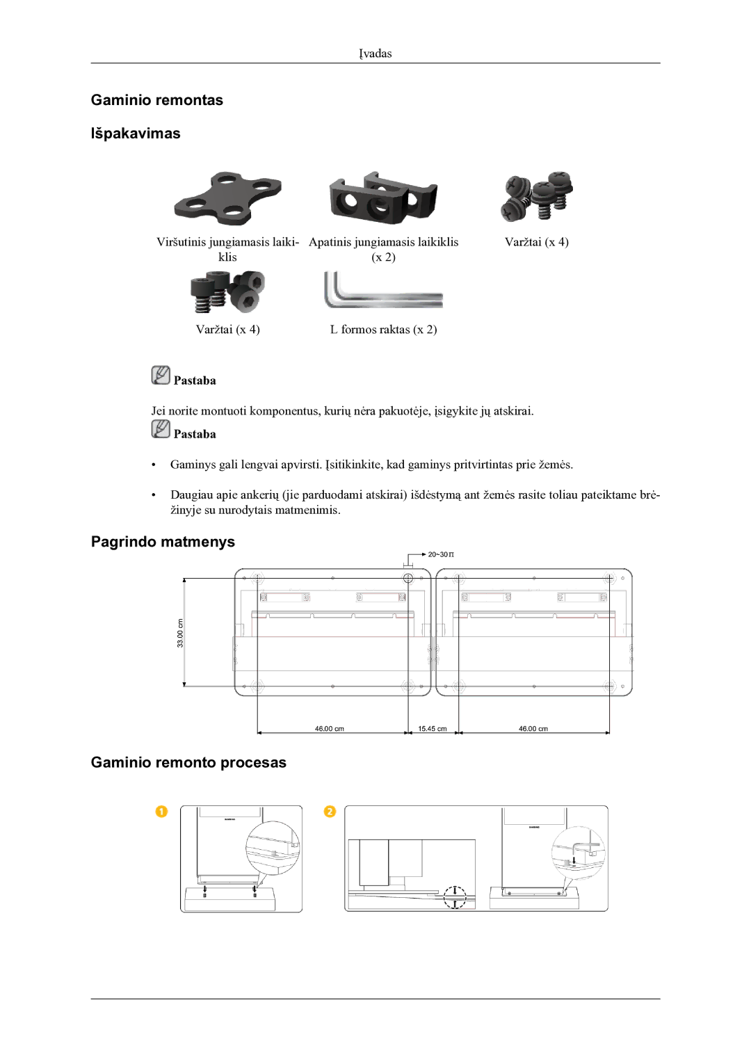 Samsung LH46OLBPPGC/EN manual Gaminio remontas Išpakavimas, Pagrindo matmenys Gaminio remonto procesas 