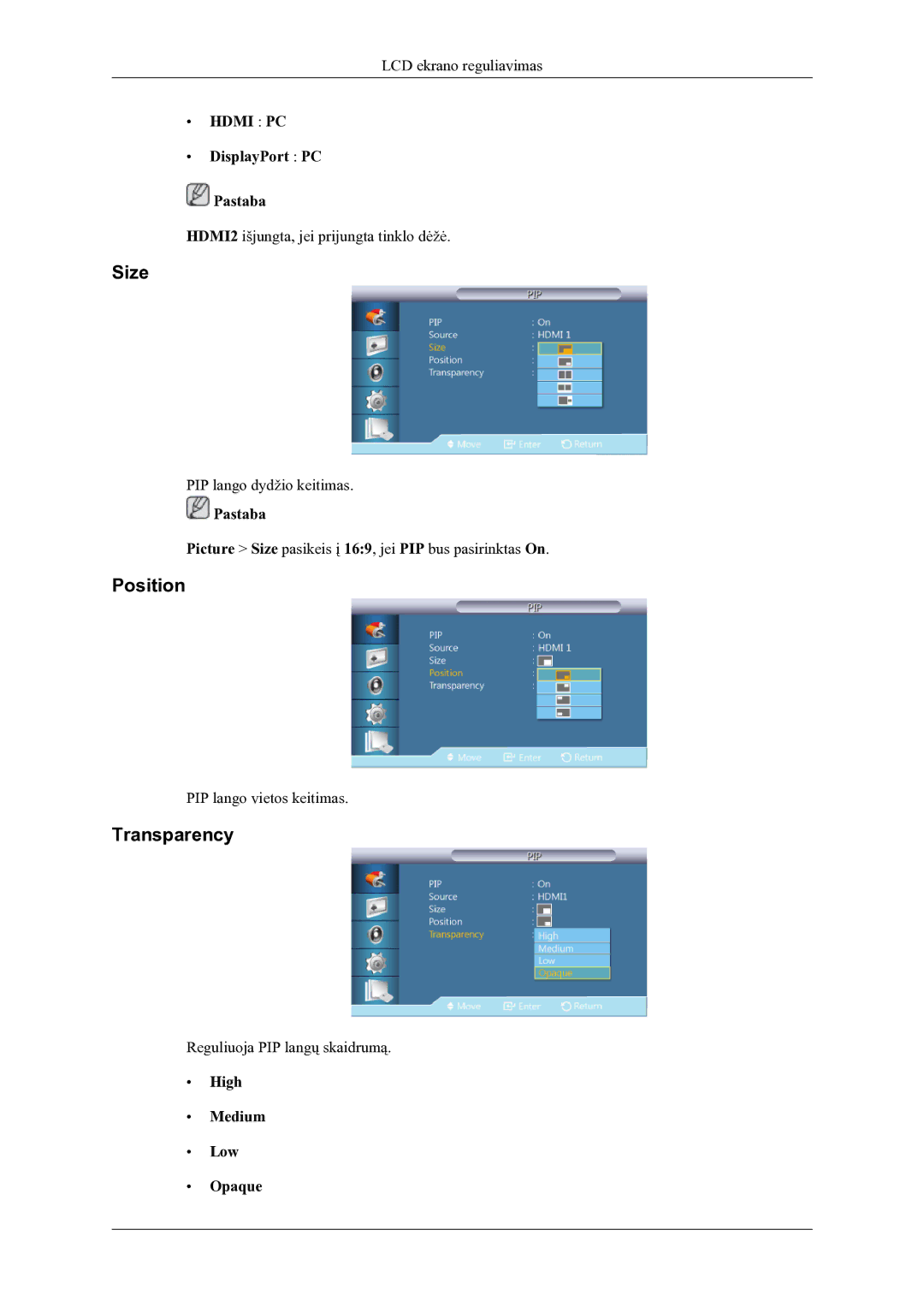 Samsung LH46OLBPPGC/EN manual Size, Position, Transparency, DisplayPort PC Pastaba, High Medium Low Opaque 