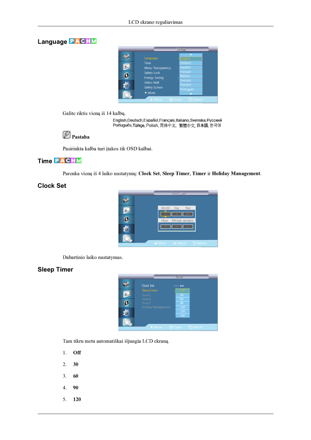 Samsung LH46OLBPPGC/EN manual Language, Clock Set, Sleep Timer 