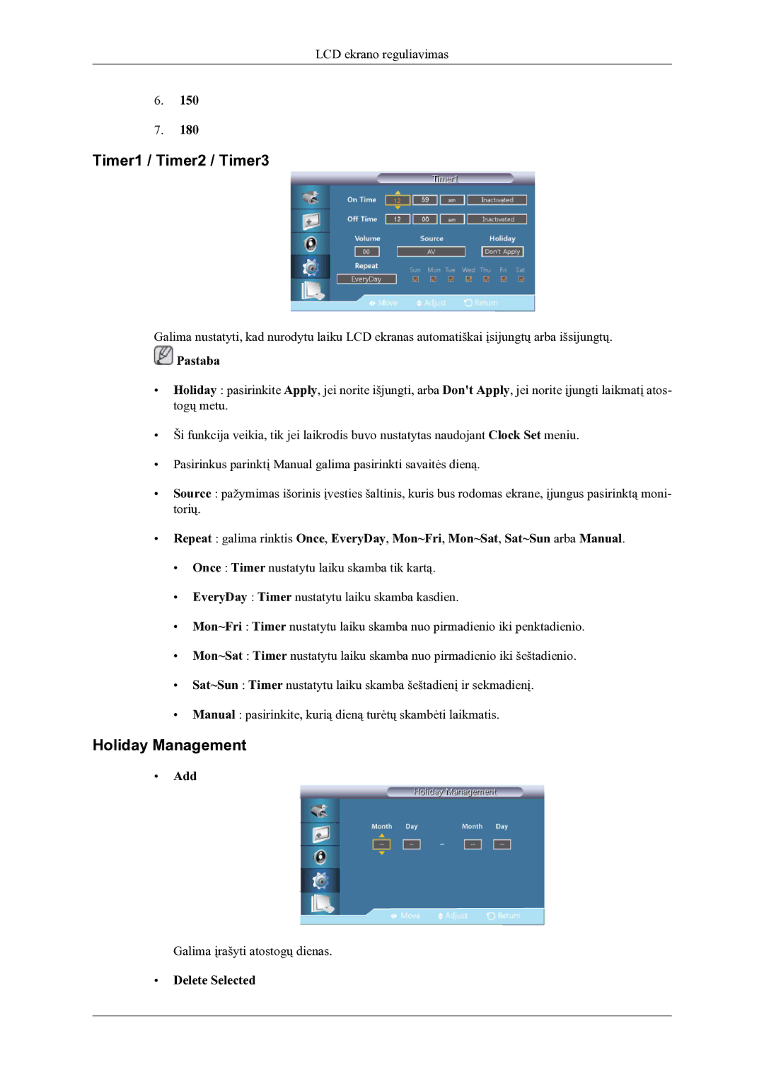 Samsung LH46OLBPPGC/EN manual Timer1 / Timer2 / Timer3, Holiday Management, Add, Delete Selected 