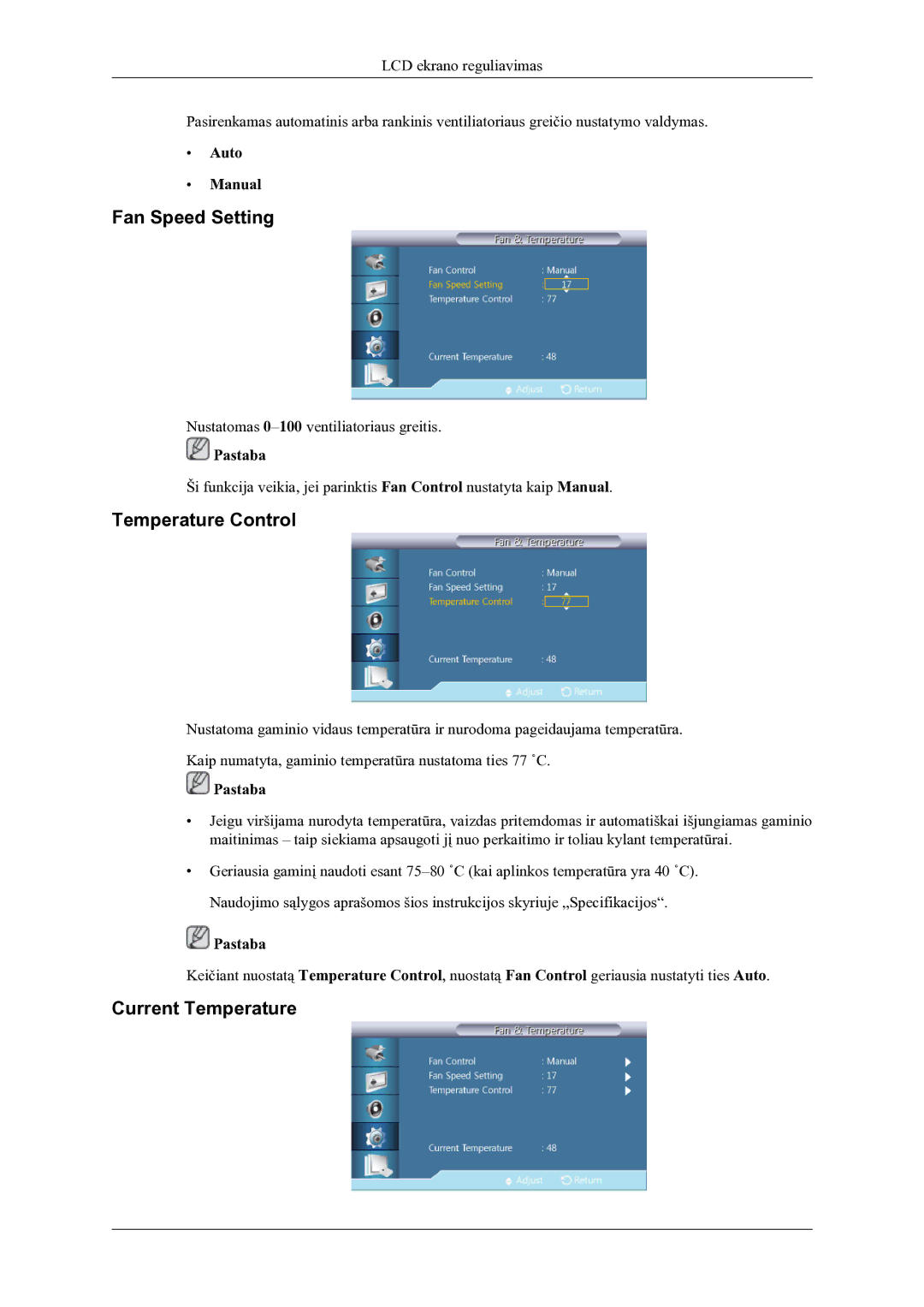 Samsung LH46OLBPPGC/EN manual Fan Speed Setting, Temperature Control, Current Temperature, Auto Manual 