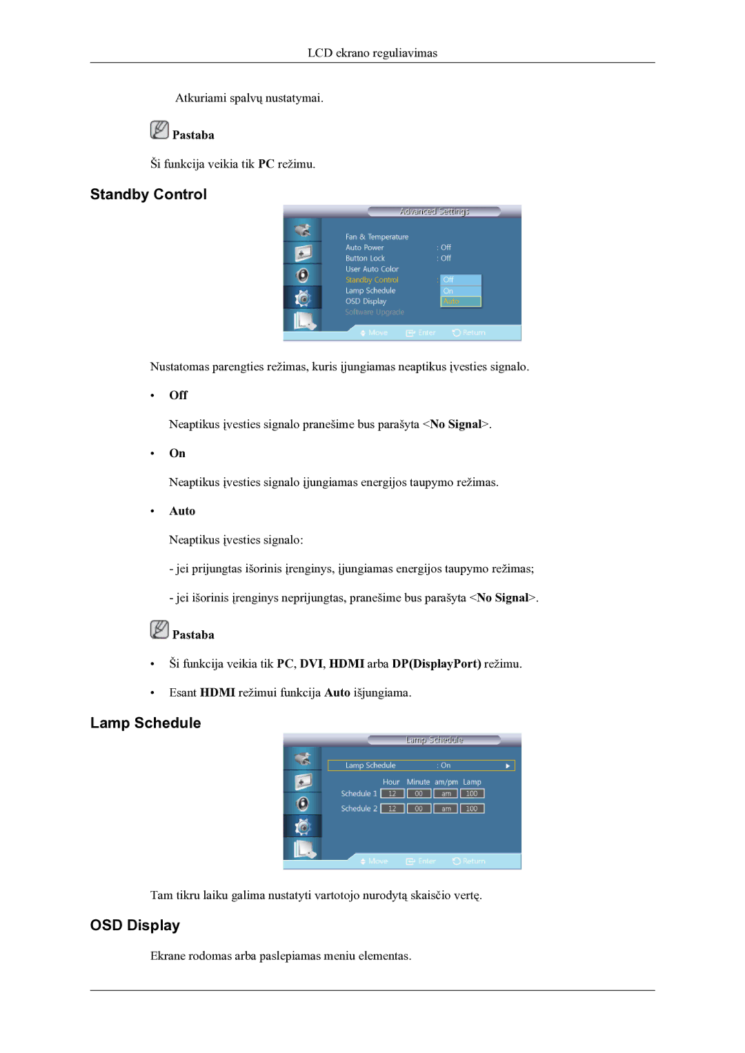 Samsung LH46OLBPPGC/EN manual Standby Control, Lamp Schedule, OSD Display, Auto 