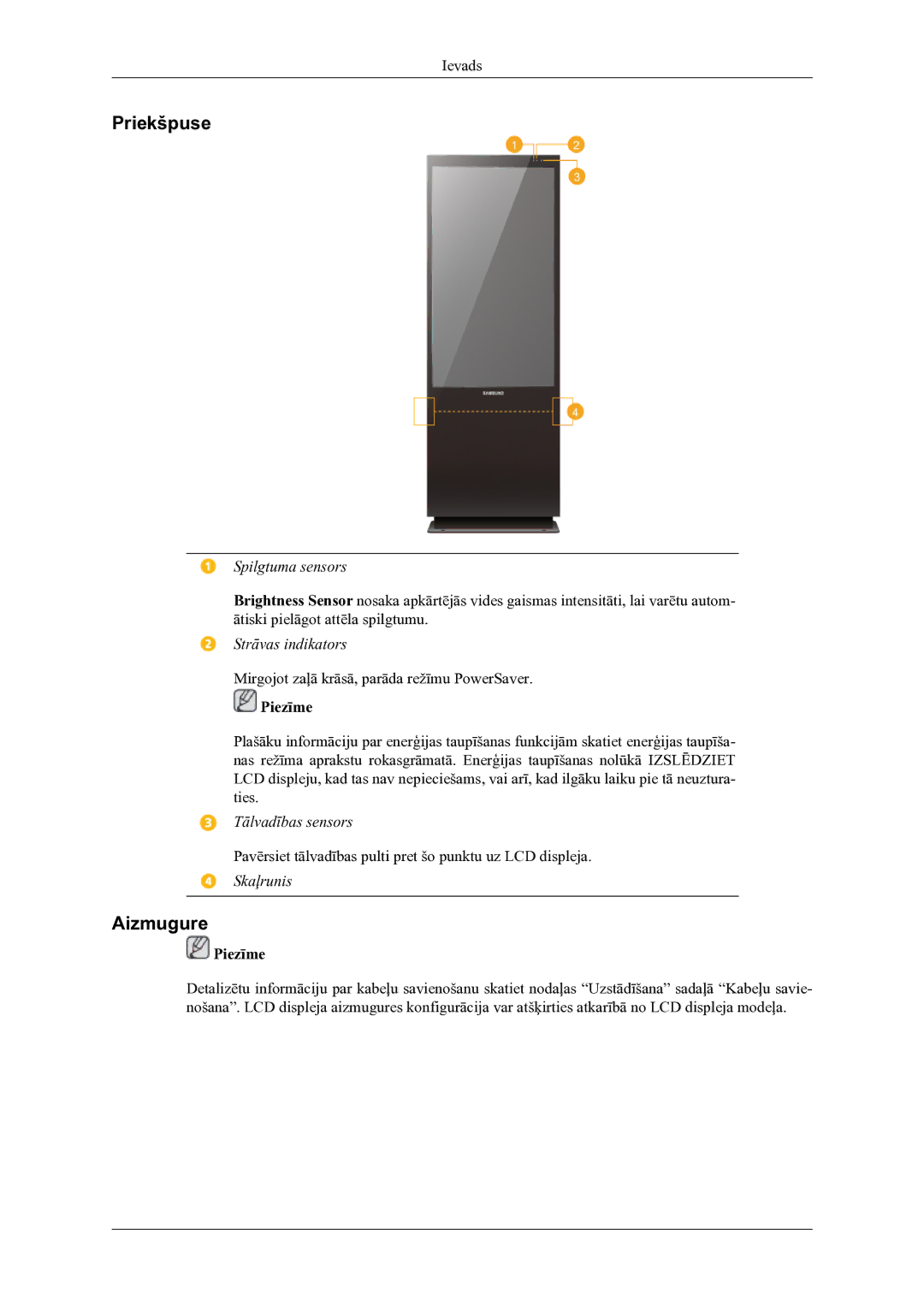 Samsung LH46OLBPPGC/EN manual Priekšpuse, Aizmugure 