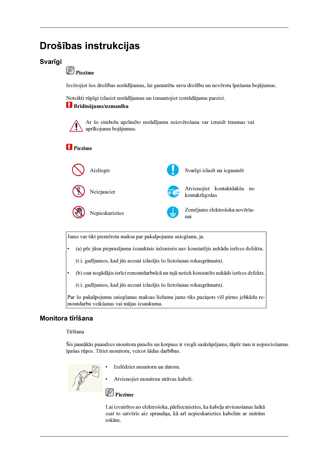 Samsung LH46OLBPPGC/EN manual Drošības instrukcijas, Svarīgi, Monitora tīrīšana, Piezīme, Brīdinājums/uzmanību 