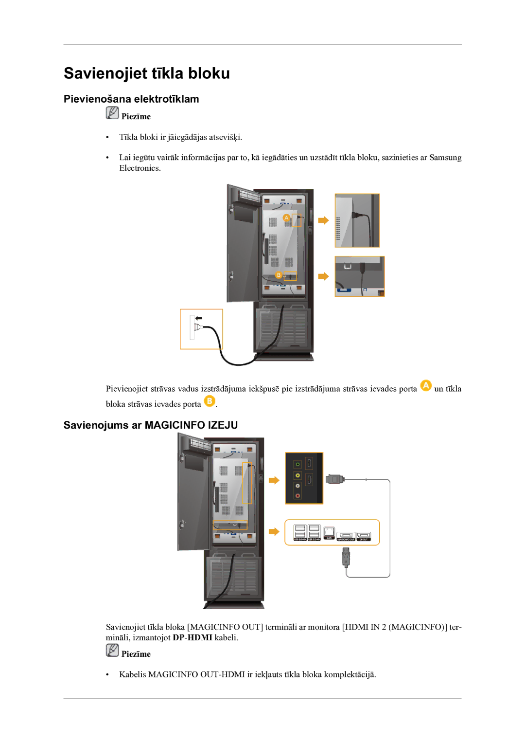 Samsung LH46OLBPPGC/EN manual Savienojiet tīkla bloku, Pievienošana elektrotīklam, Savienojums ar Magicinfo Izeju 