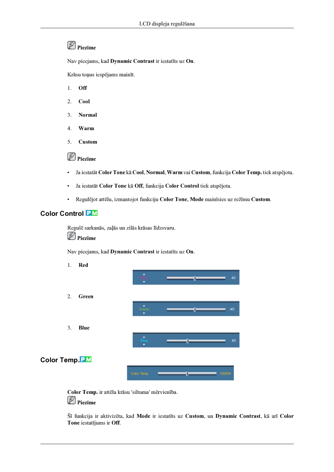 Samsung LH46OLBPPGC/EN manual Color Control, Color Temp, Off Cool Normal Warm Custom Piezīme, Red Green Blue 