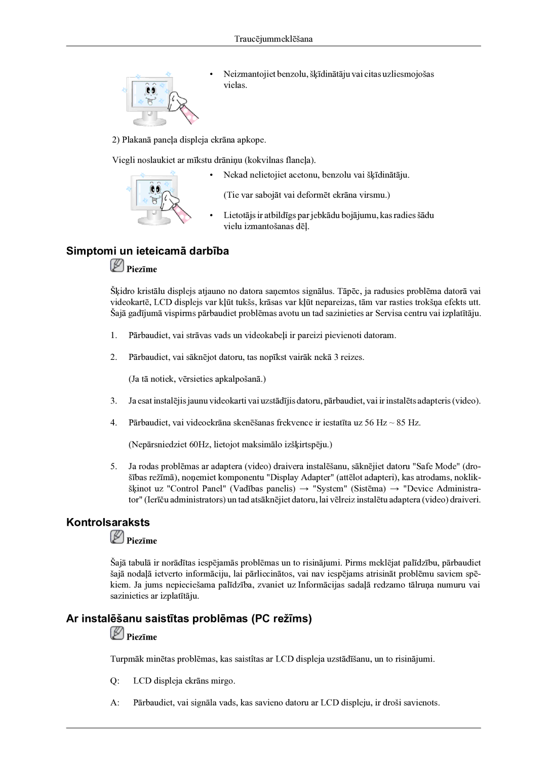 Samsung LH46OLBPPGC/EN manual Simptomi un ieteicamā darbība, Kontrolsaraksts, Ar instalēšanu saistītas problēmas PC režīms 