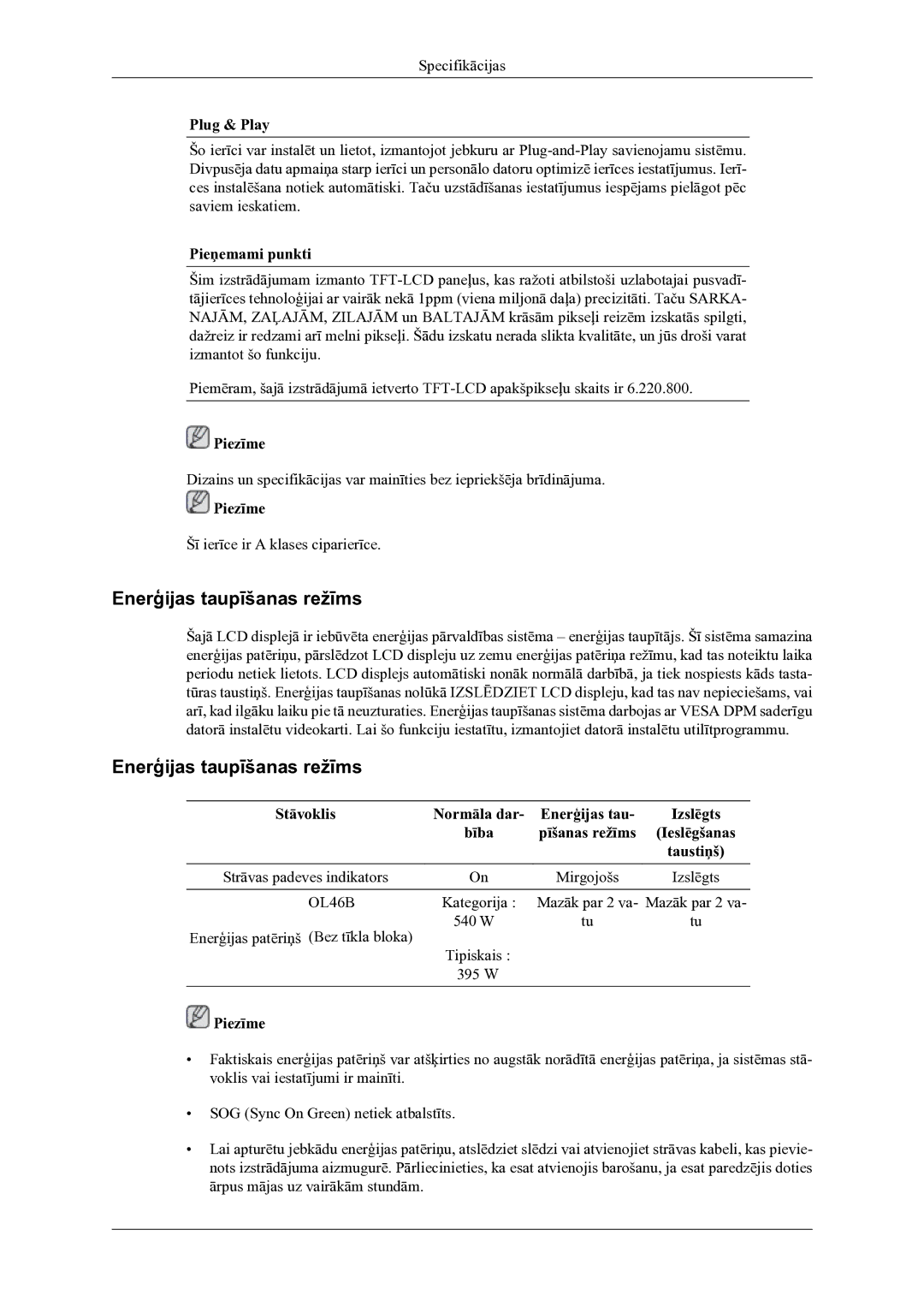 Samsung LH46OLBPPGC/EN Enerģijas taupīšanas režīms, Plug & Play, Pieņemami punkti, Stāvoklis Normāla dar Enerģijas tau 