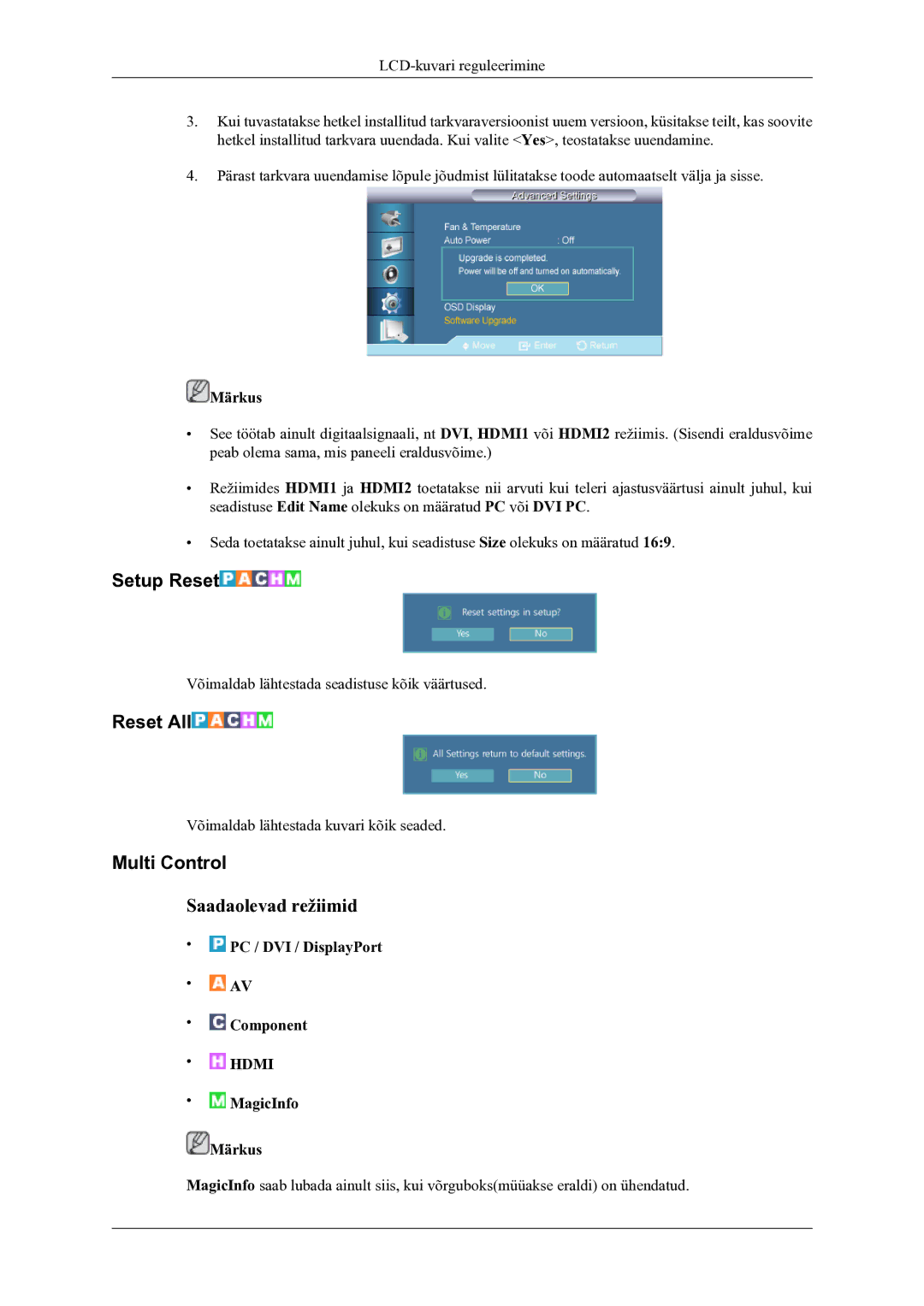 Samsung LH46OLBPPGC/EN manual Setup Reset, Reset All, Multi Control 