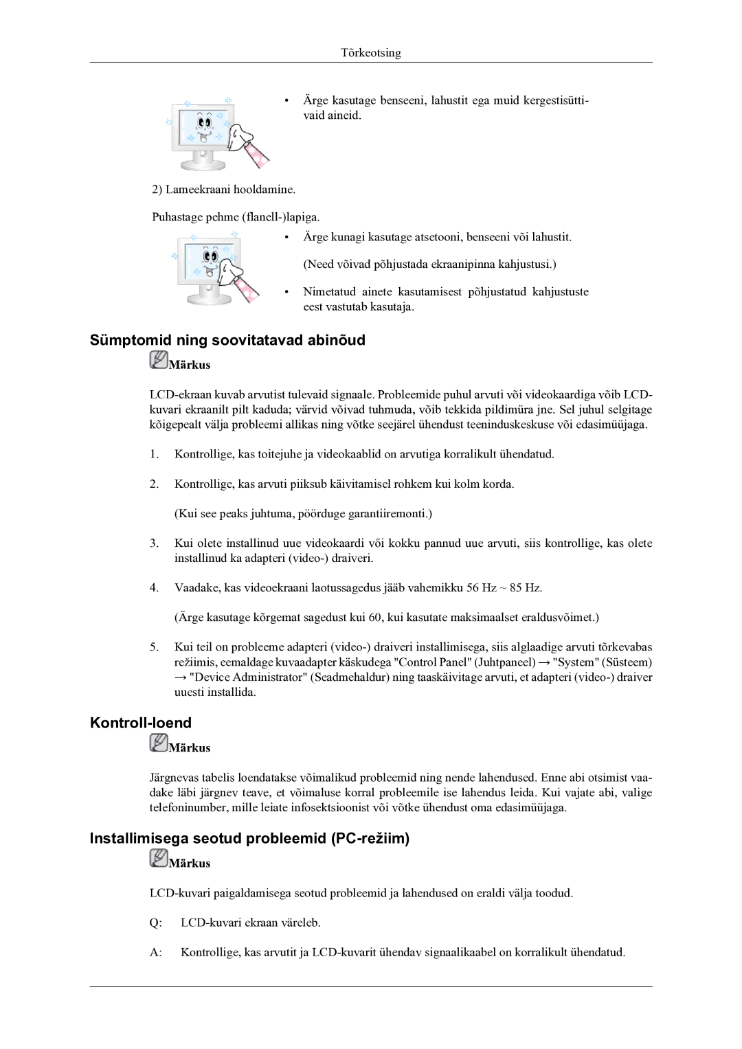 Samsung LH46OLBPPGC/EN Sümptomid ning soovitatavad abinõud, Kontroll-loend, Installimisega seotud probleemid PC-režiim 