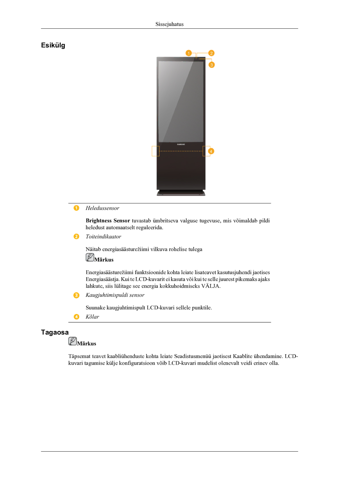 Samsung LH46OLBPPGC/EN manual Esikülg, Tagaosa 