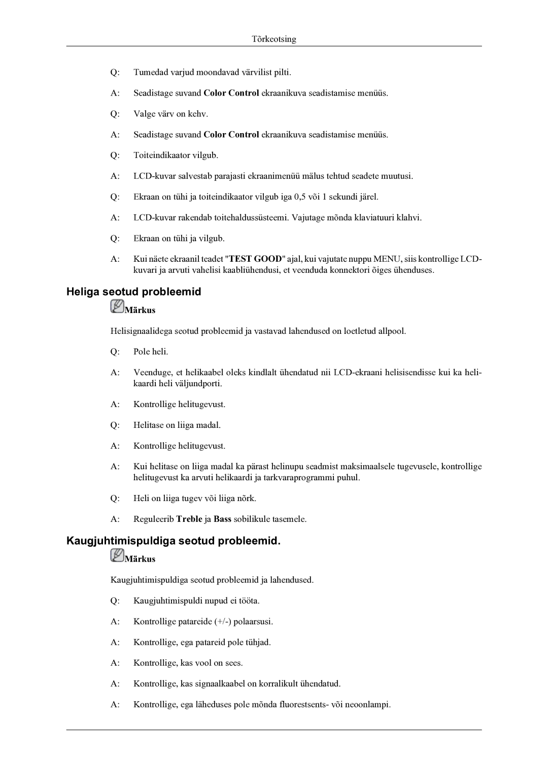 Samsung LH46OLBPPGC/EN manual Heliga seotud probleemid, Kaugjuhtimispuldiga seotud probleemid 