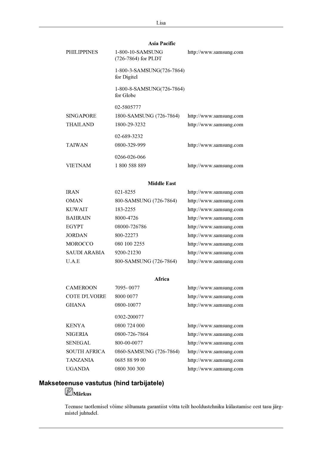 Samsung LH46OLBPPGC/EN manual Makseteenuse vastutus hind tarbijatele, Middle East, Africa 