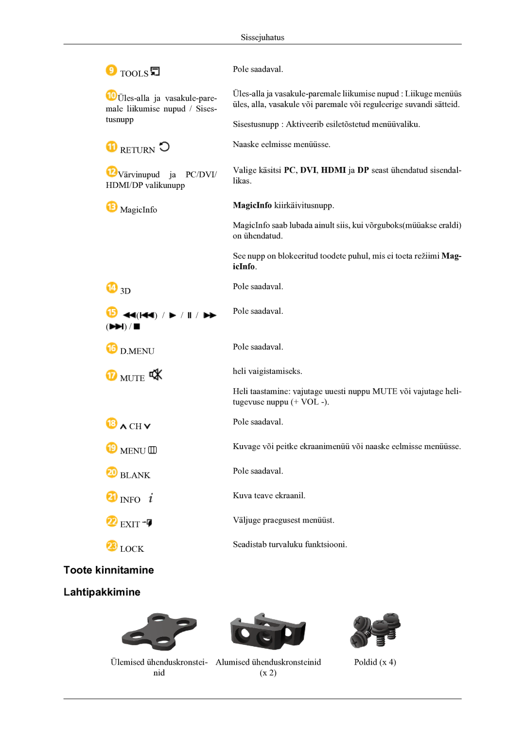 Samsung LH46OLBPPGC/EN manual Toote kinnitamine Lahtipakkimine 