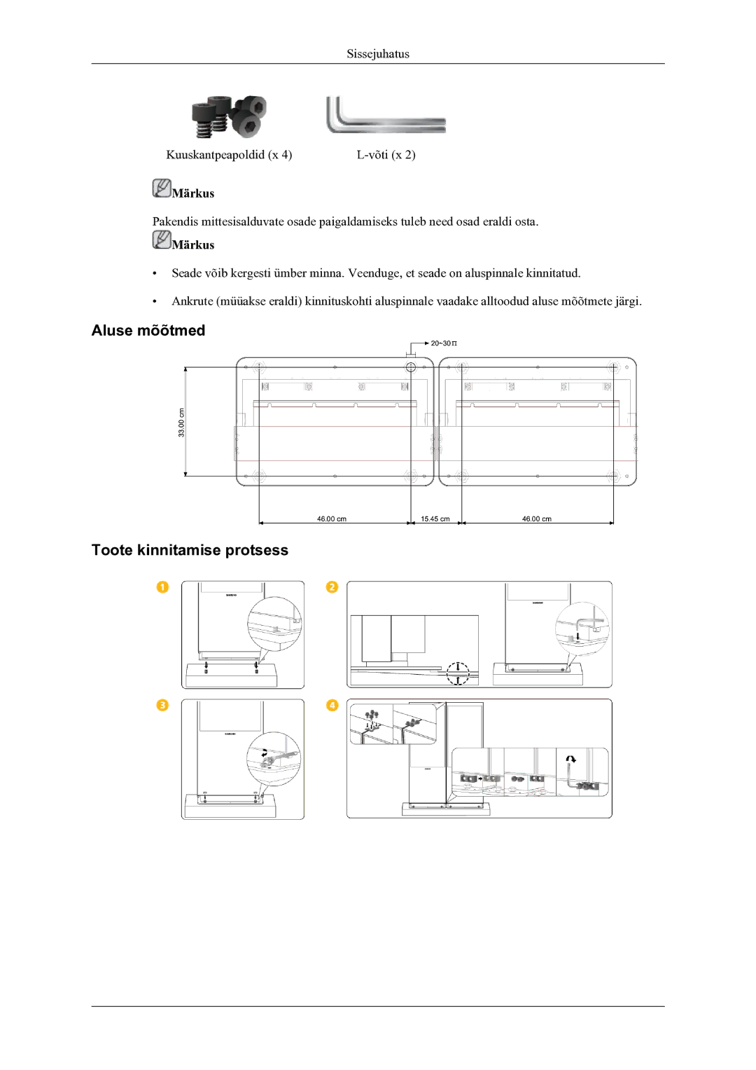 Samsung LH46OLBPPGC/EN manual Aluse mõõtmed Toote kinnitamise protsess, Märkus 