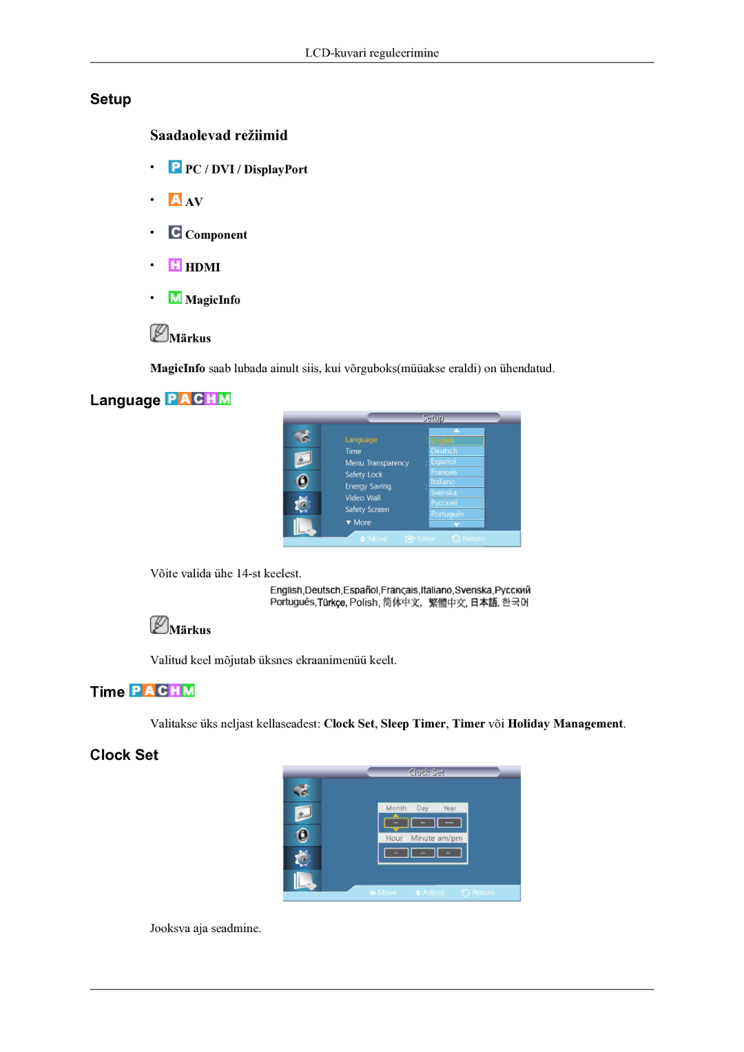 Samsung LH46OLBPPGC/EN manual Setup, Language, Time, Clock Set 