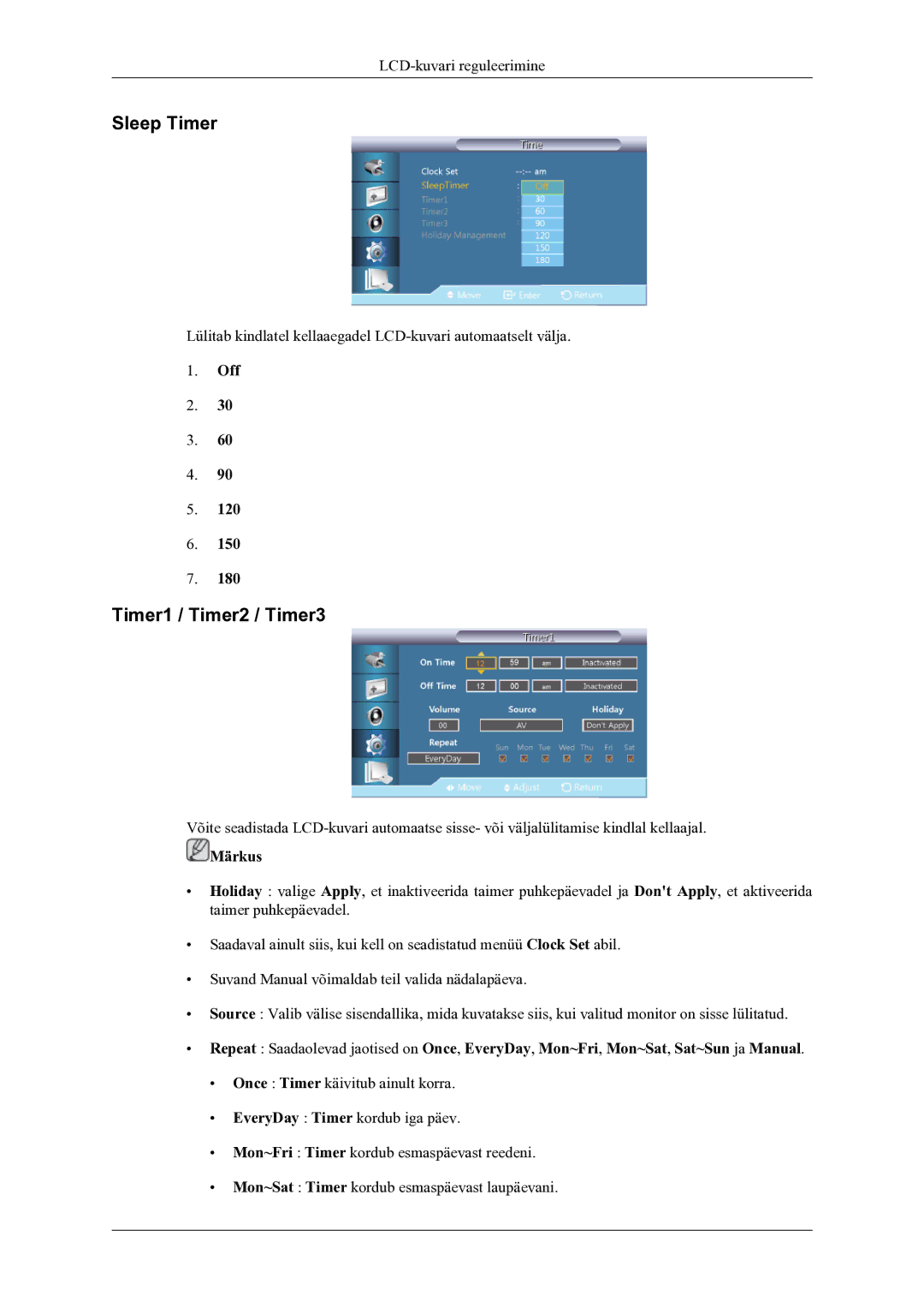 Samsung LH46OLBPPGC/EN manual Sleep Timer, Timer1 / Timer2 / Timer3 