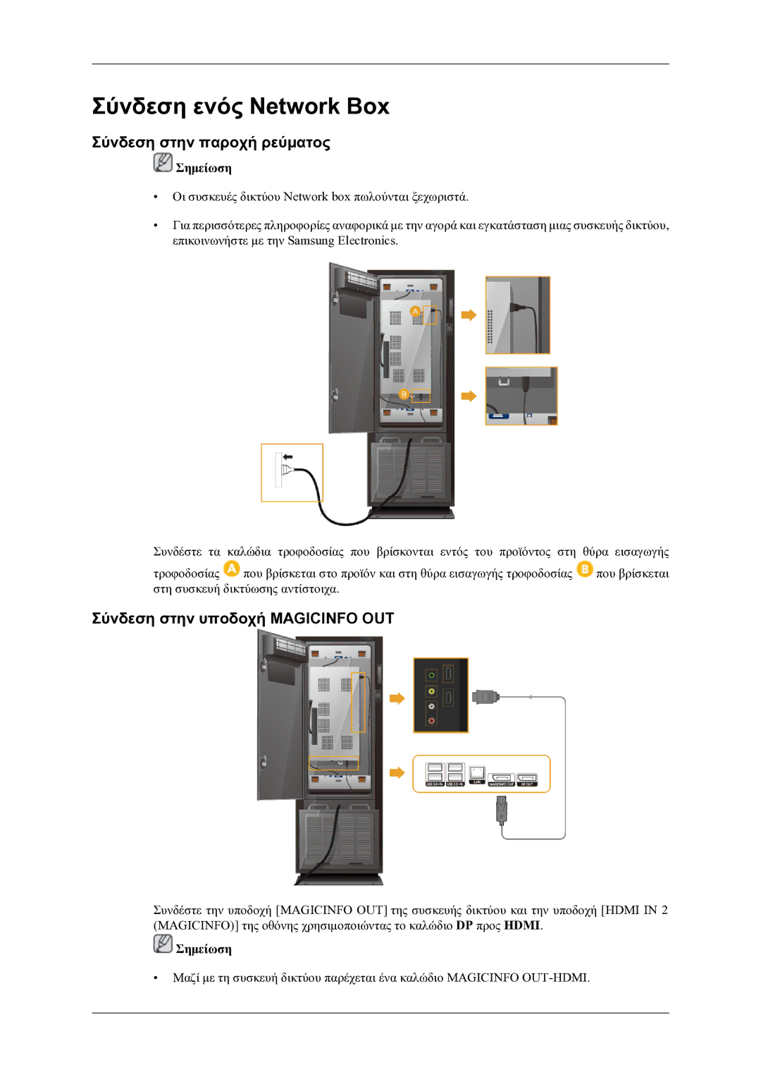 Samsung LH46OLBPPGC/EN manual Σύνδεση στην παροχή ρεύματος, Σύνδεση στην υποδοχή Magicinfo OUT 