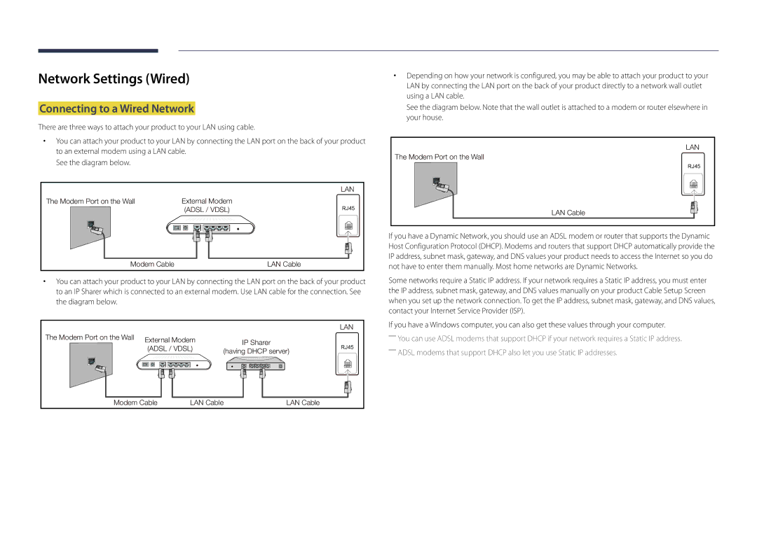 Samsung LH75OMDPKBC/XV, LH46OMDPWBC/EN, LH55OMDPWBC/EN, LH75OMDPWBC/NG Network Settings Wired, Connecting to a Wired Network 