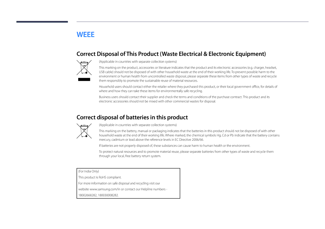 Samsung LH46OMDPWBC/XV, LH46OMDPWBC/EN, LH55OMDPWBC/EN, LH75OMDPWBC/NG manual Correct disposal of batteries in this product 