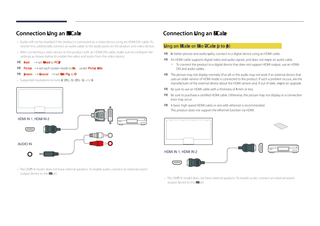 Samsung LH75OMDPWBC/XV, LH46OMDPWBC/EN manual Using an Hdmi cable or Hdmi to DVI Cable up to 1080p, Hdmi in 1, Hdmi 