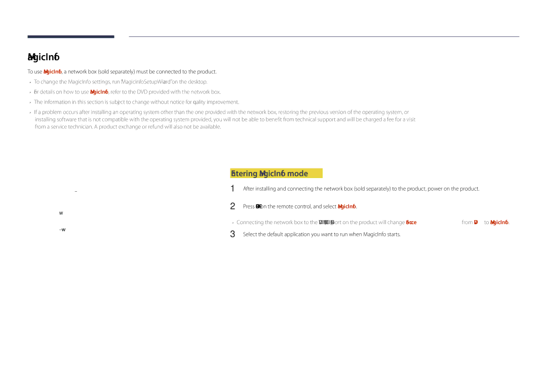 Samsung LH75OMDPKBC/GO manual Entering MagicInfo mode, Press Source on the remote control, and select MagicInfo 