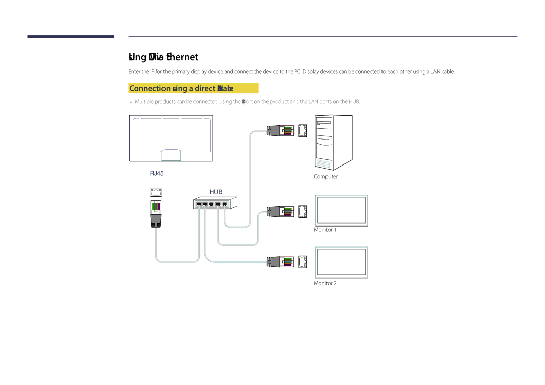 Samsung LH55OMDPWBC/EN, LH46OMDPWBC/EN, LH75OMDPWBC/NG manual Using MDC via Ethernet, Connection using a direct LAN cable 