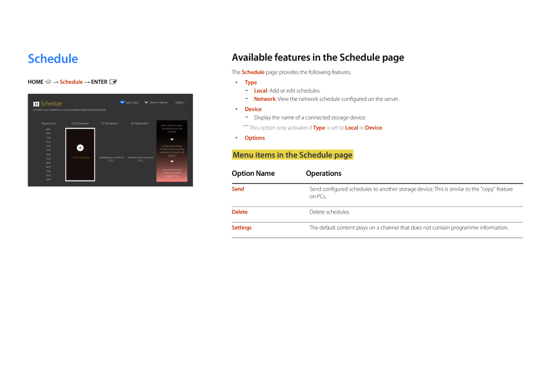 Samsung LH46OMDPWBC/XV, LH46OMDPWBC/EN manual Available features in the Schedule, Menu items in the Schedule, Type 
