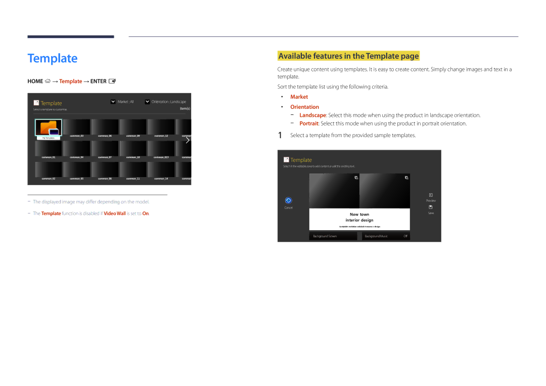 Samsung LH46OMDPWBC/XY manual Available features in the Template, Home → Template → Enter E, Market, Orientation 