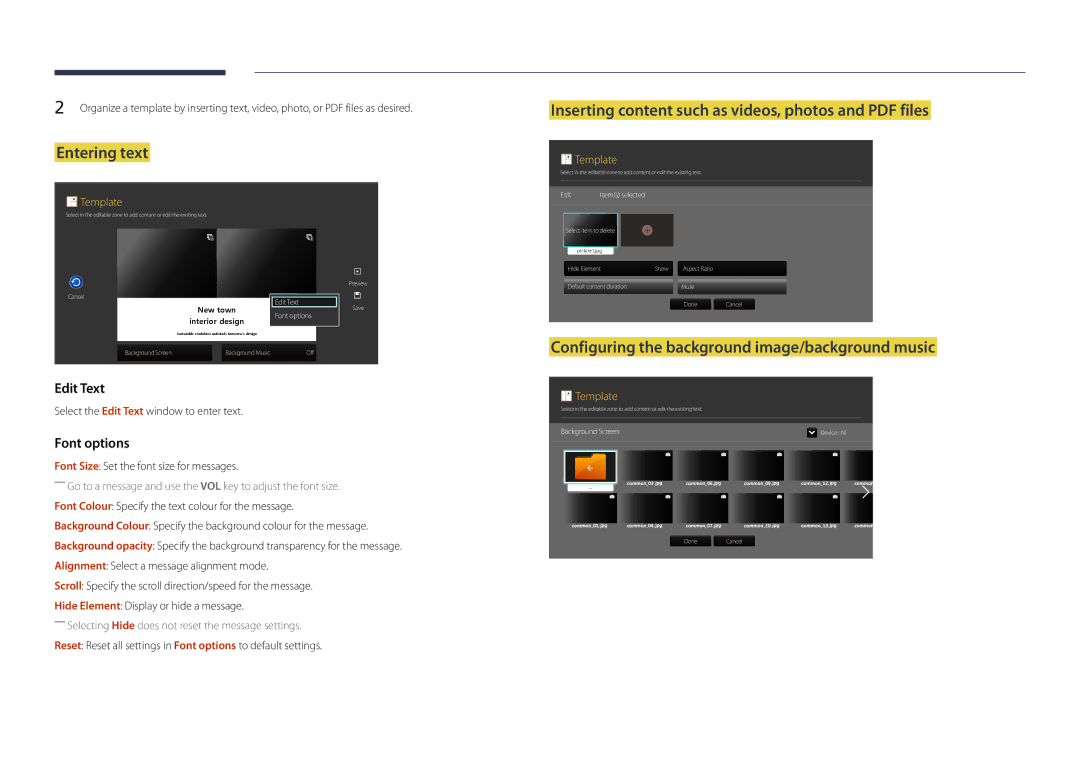 Samsung LH55OMDPWBC/XV, LH46OMDPWBC/EN, LH55OMDPWBC/EN Entering text, Configuring the background image/background music 