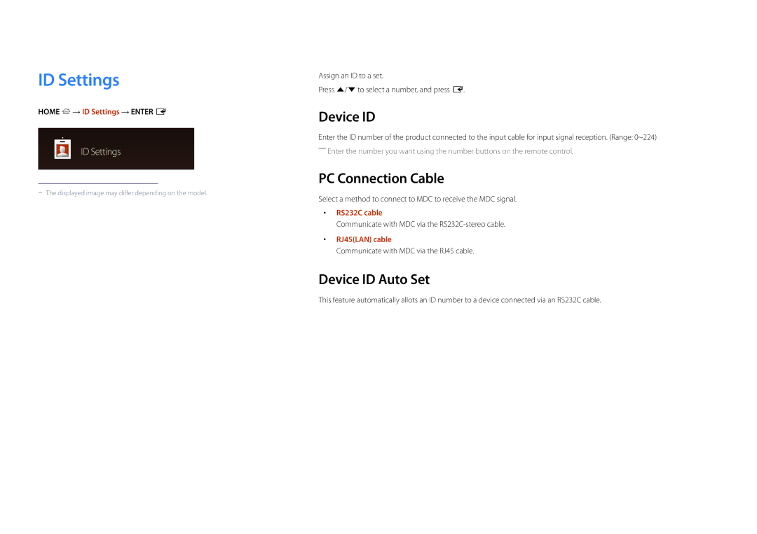 Samsung LH75OMDPWBC/XY, LH46OMDPWBC/EN, LH55OMDPWBC/EN manual ID Settings, PC Connection Cable, Device ID Auto Set 