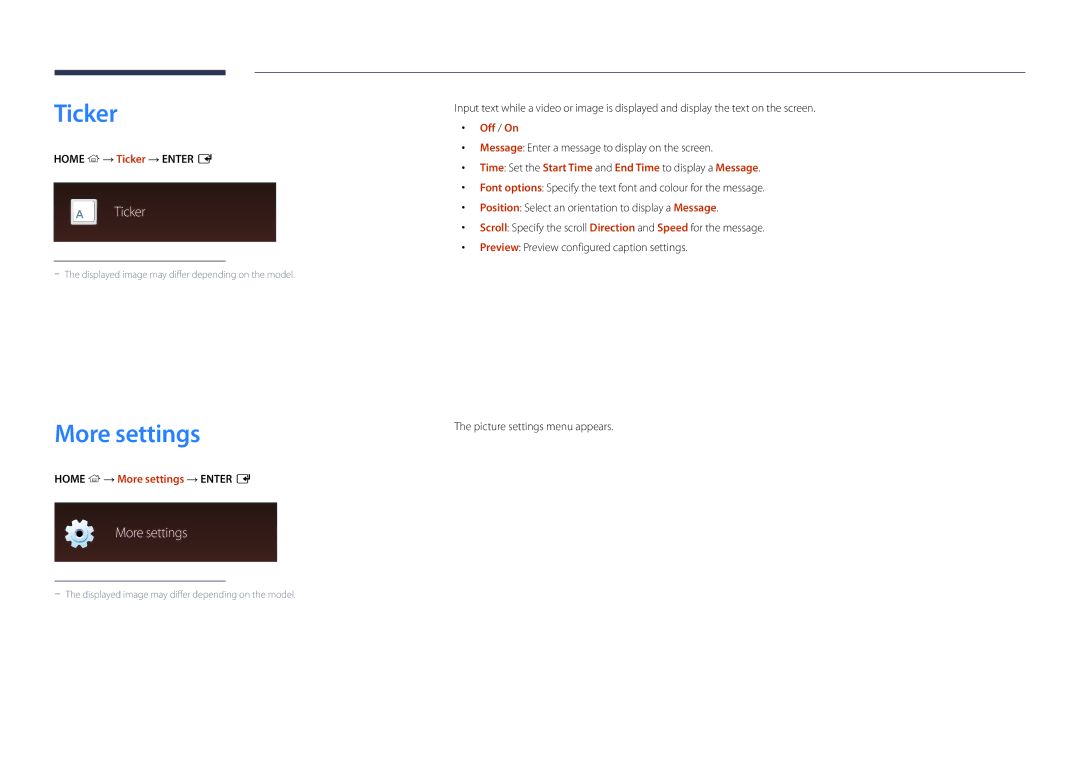 Samsung LH46OMDPWBC/XV, LH46OMDPWBC/EN, LH55OMDPWBC/EN, LH75OMDPWBC/NG manual Ticker, Home → More settings → Enter E 