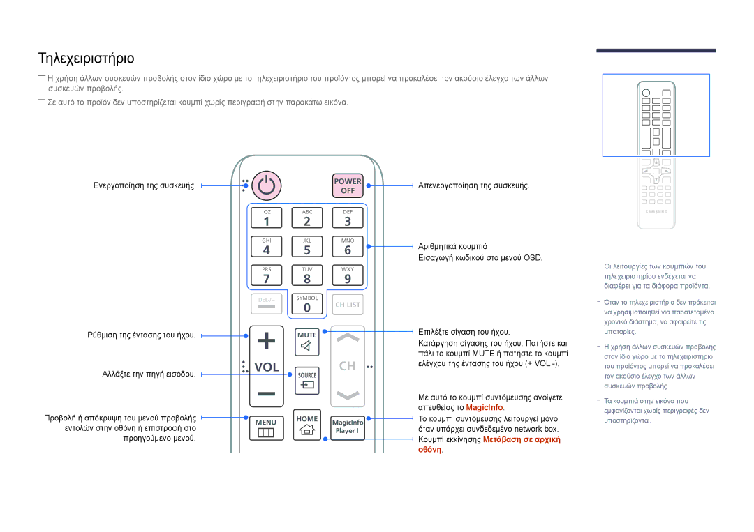 Samsung LH55OMDPKBC/EN, LH46OMDPWBC/EN, LH75OMDPWBC/EN, LH55OMDPWBC/EN, LH46OMDPKBC/EN manual Τηλεχειριστήριο, Vol 