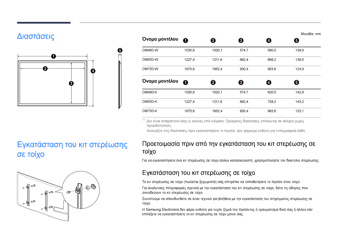 Samsung LH55OMDPKBC/EN, LH46OMDPWBC/EN, LH75OMDPWBC/EN Διαστάσεις Εγκατάσταση του κιτ στερέωσης σε τοίχο, Όνομα μοντέλου 