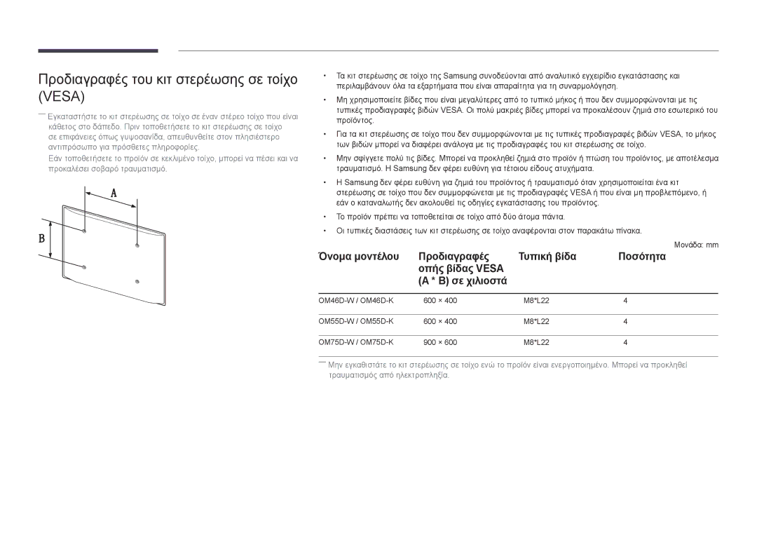 Samsung LH46OMDPWBC/EN, LH75OMDPWBC/EN, LH55OMDPWBC/EN, LH46OMDPKBC/EN manual Προδιαγραφές του κιτ στερέωσης σε τοίχο Vesa 