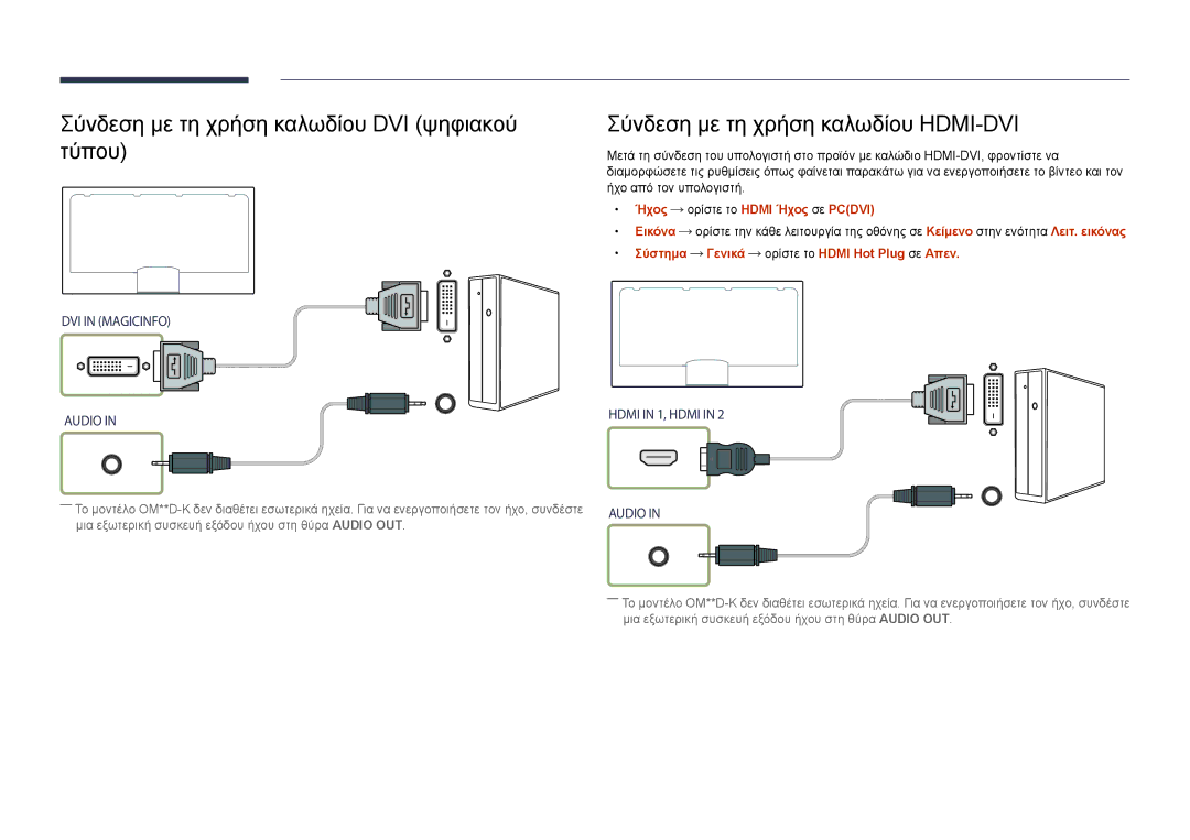 Samsung LH55OMDPWBC/EN manual Ήχος Ορίστε το Hdmi Ήχος σε Pcdvi Εικόνα, Σύστημα Γενικά ορίστε το Hdmi Hot Plug σε Απεν 