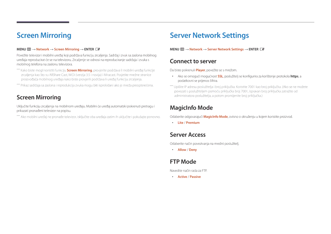 Samsung LH55OMDPKBC/EN, LH46OMDPWBC/EN, LH75OMDPWBC/EN, LH55OMDPWBC/EN manual Screen Mirroring, Server Network Settings 