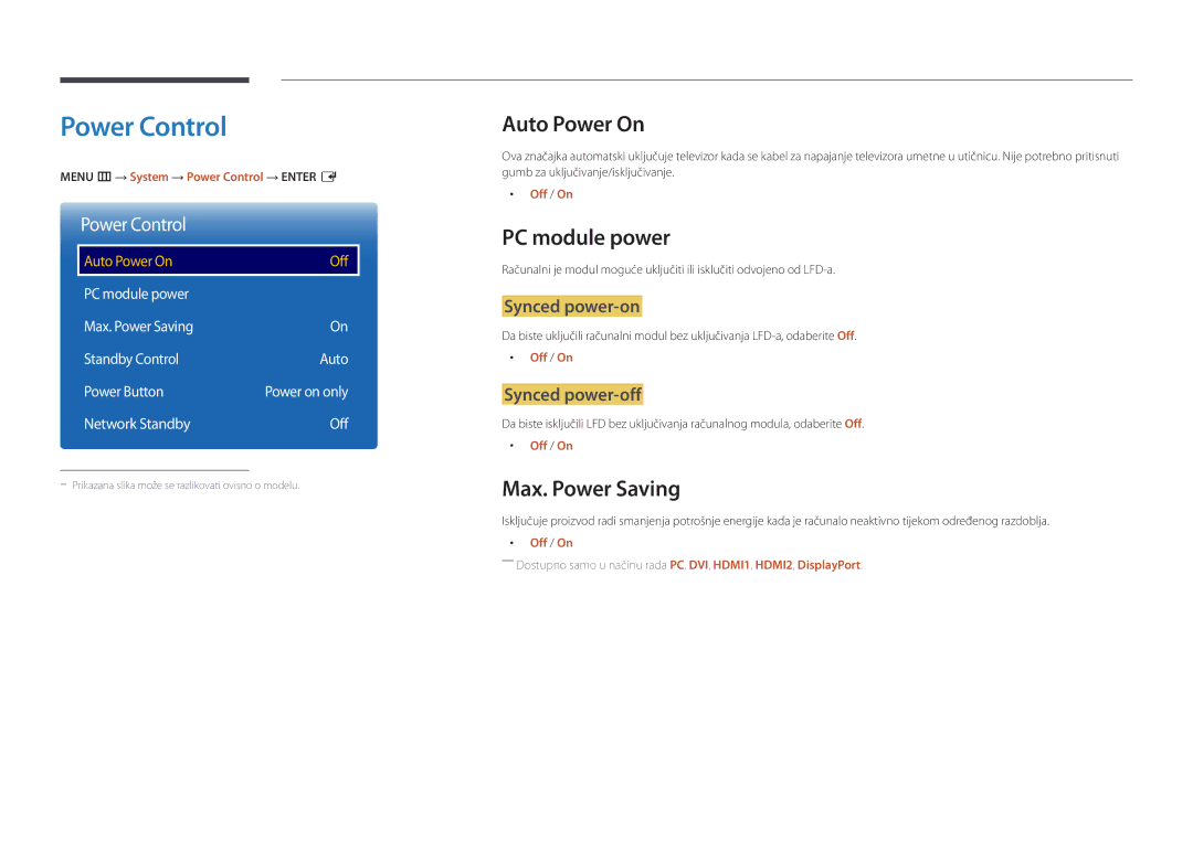 Samsung LH75OMDPWBC/EN, LH46OMDPWBC/EN, LH55OMDPWBC/EN Power Control, Auto Power On, PC module power, Max. Power Saving 