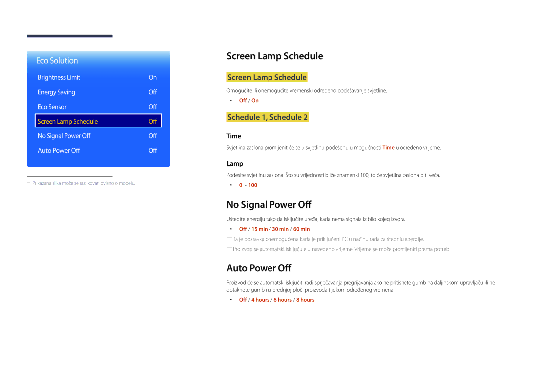 Samsung LH46OMDPWBC/EN, LH75OMDPWBC/EN Screen Lamp Schedule, No Signal Power Off, Auto Power Off, Schedule 1, Schedule 