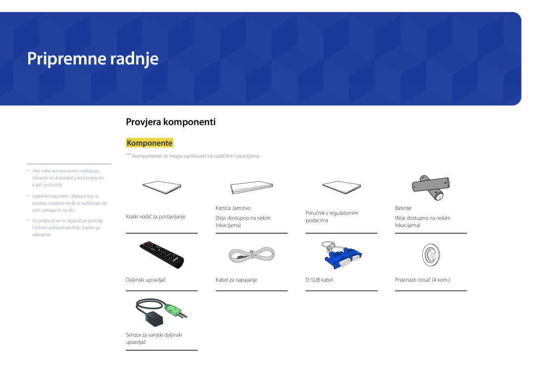 Samsung LH46OMDPWBC/EN, LH75OMDPWBC/EN, LH55OMDPWBC/EN, LH55OMDPKBC/EN Pripremne radnje, Provjera komponenti, Komponente 