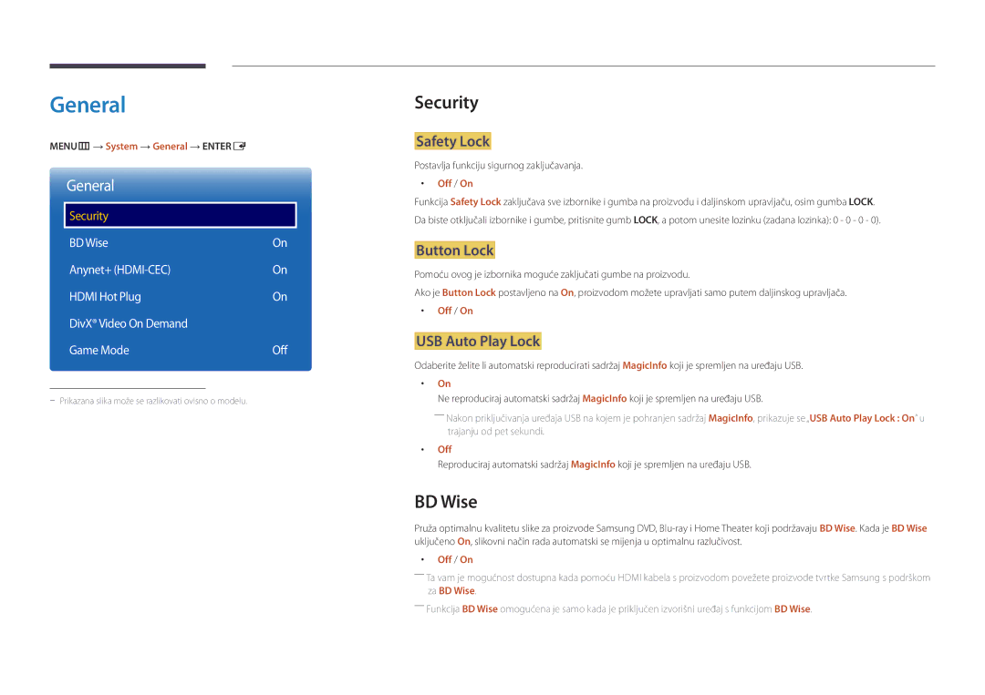 Samsung LH55OMDPWBC/EN, LH46OMDPWBC/EN, LH75OMDPWBC/EN, LH55OMDPKBC/EN manual General, Security, BD Wise 