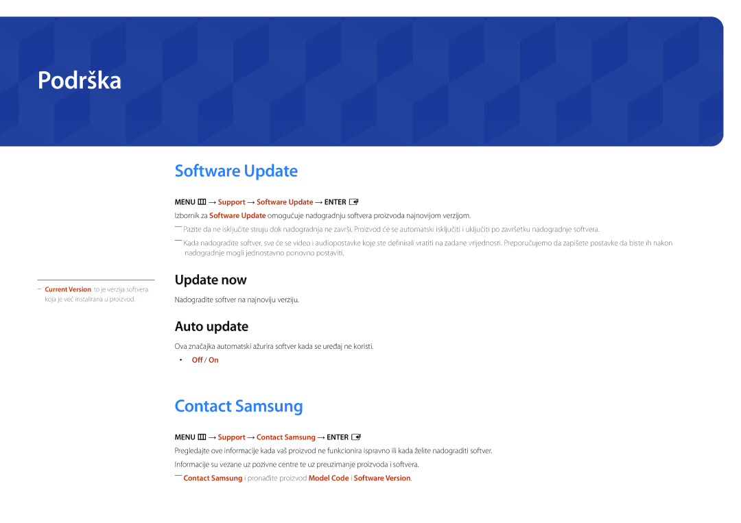 Samsung LH75OMDPWBC/EN, LH46OMDPWBC/EN, LH55OMDPWBC/EN Podrška, Software Update, Contact Samsung, Update now, Auto update 