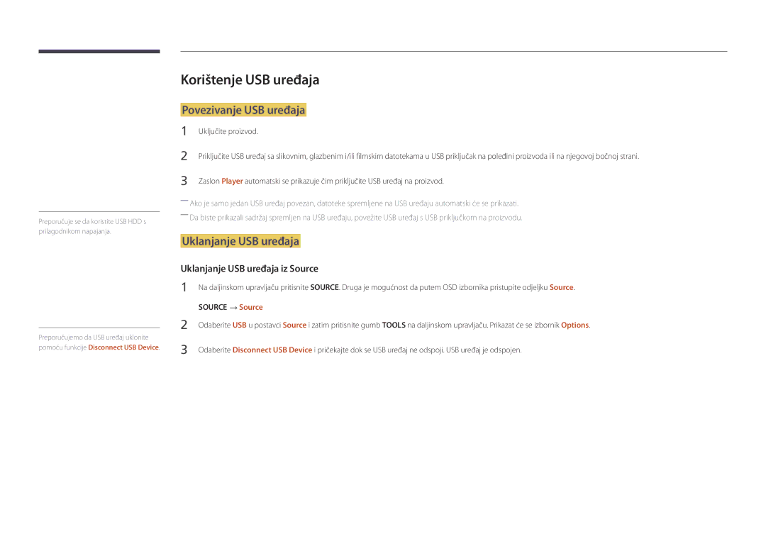 Samsung LH55OMDPKBC/EN manual Korištenje USB uređaja, Povezivanje USB uređaja, Uklanjanje USB uređaja, Uključite proizvod 