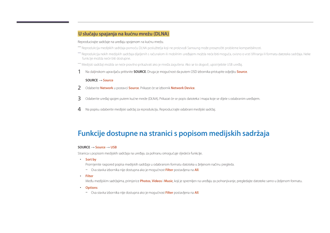 Samsung LH75OMDPWBC/EN Funkcije dostupne na stranici s popisom medijskih sadržaja, Slučaju spajanja na kućnu mrežu Dlna 