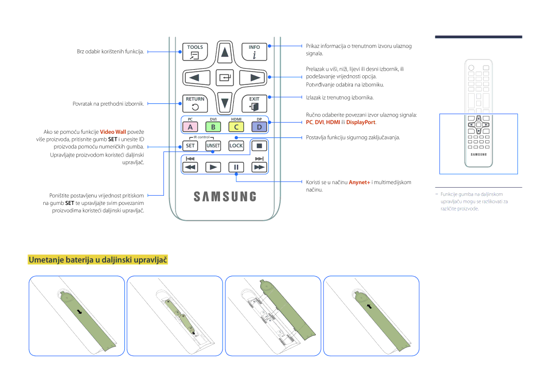 Samsung LH46OMDPWBC/EN Umetanje baterija u daljinski upravljač, Prikaz informacija o trenutnom izvoru ulaznog signala 